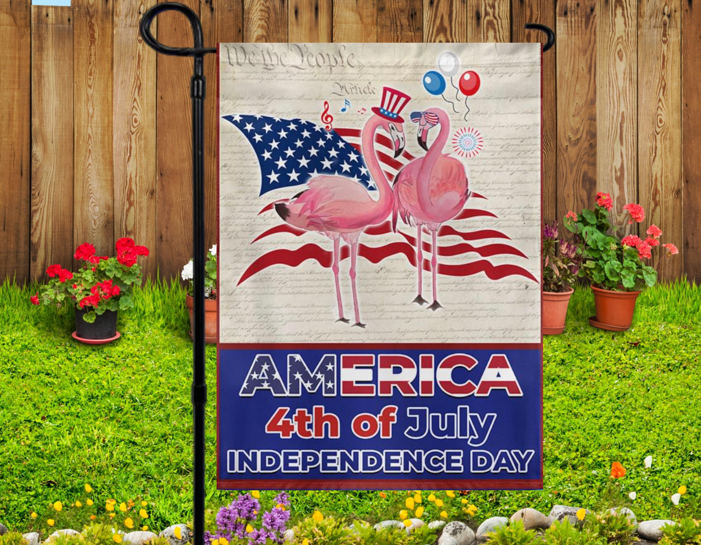 America Flamingo Garden Flag