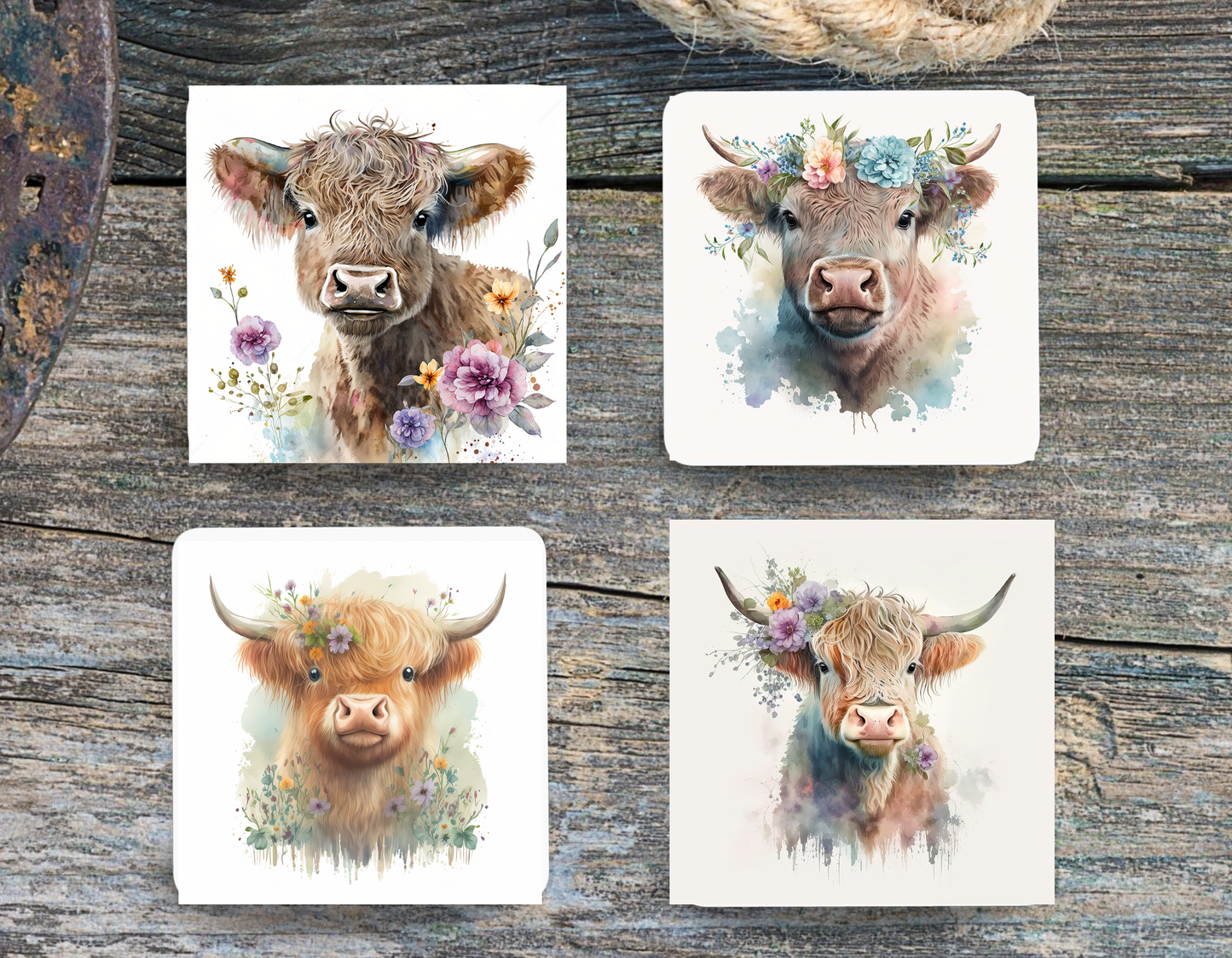 Floral Highland Cow Coaster Set