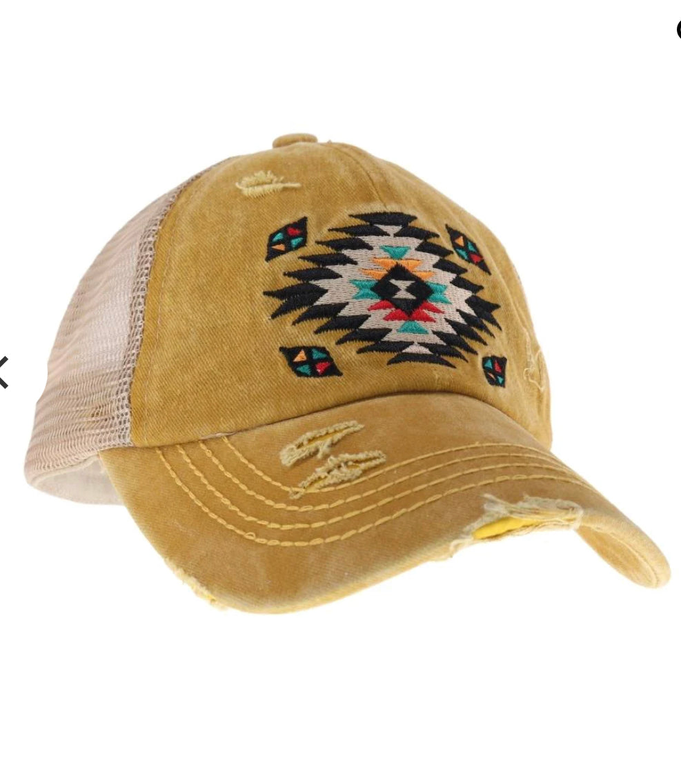 Aztec Distressed High Pony Ball Cap