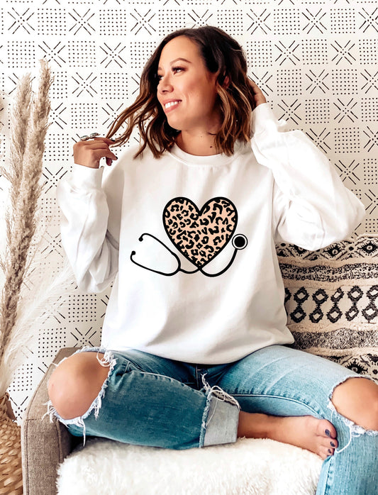 Leopard Heart Stethoscope Crew Sweatshirt